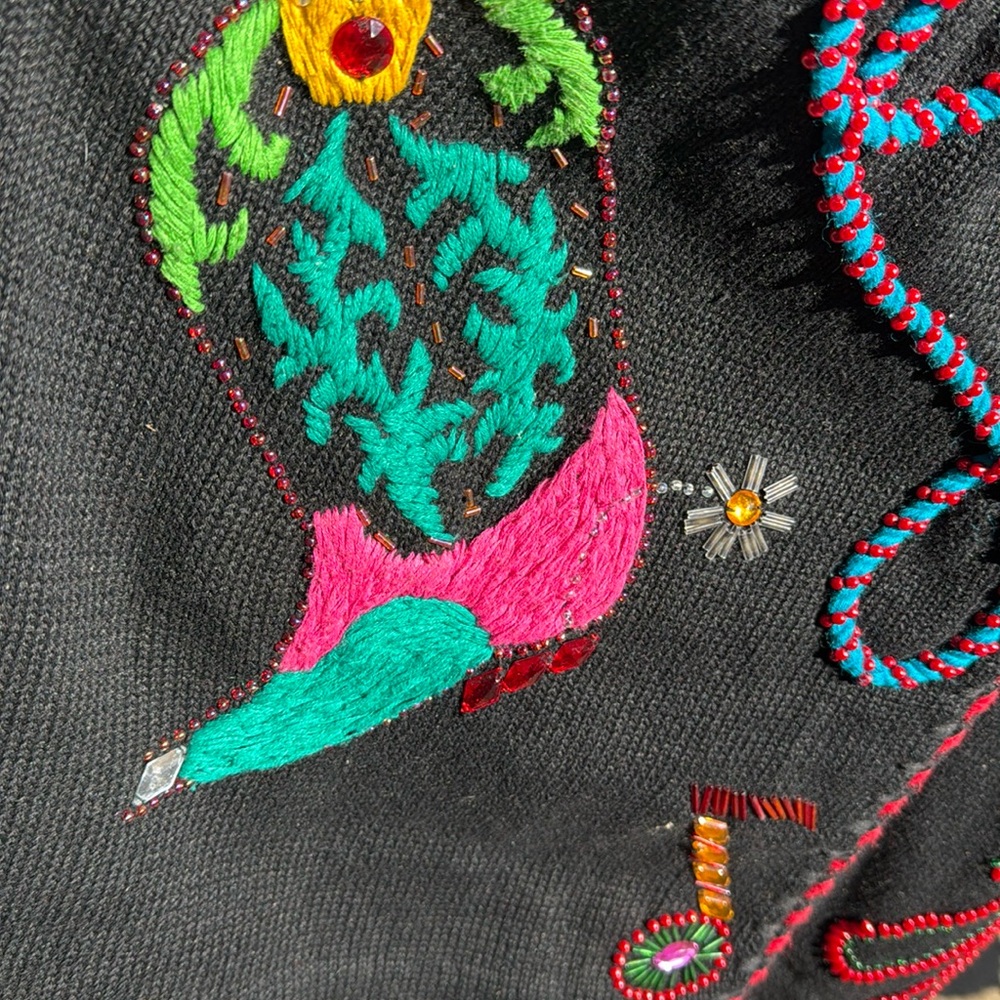 Vintage Black Embroidered Beaded Western Cardigan Music Notes Hat Cactus Guitar